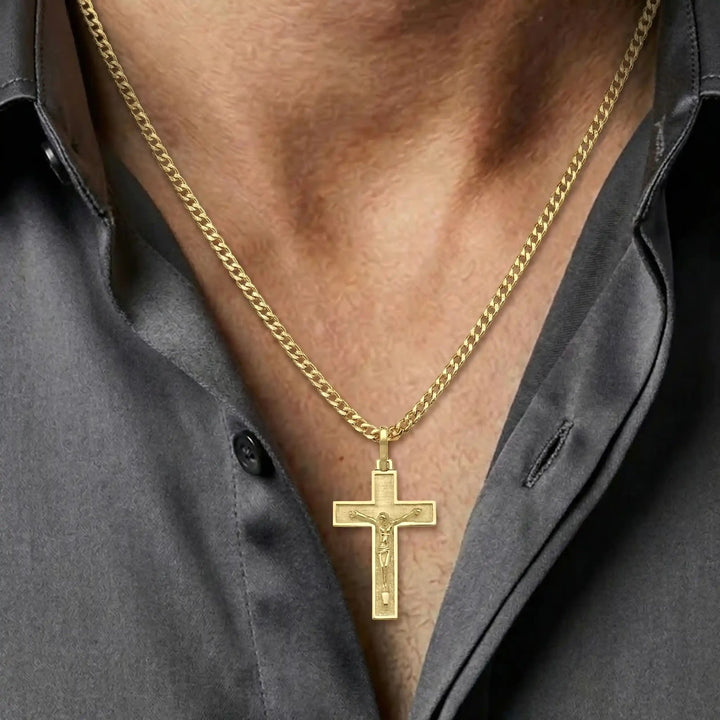 Latin Crucifix Yellow Gold Cross Pendant worn on mens chest