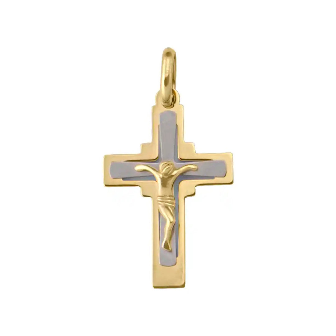 Stepped Crucifix Two-Tone Gold Cross Pendant on white background