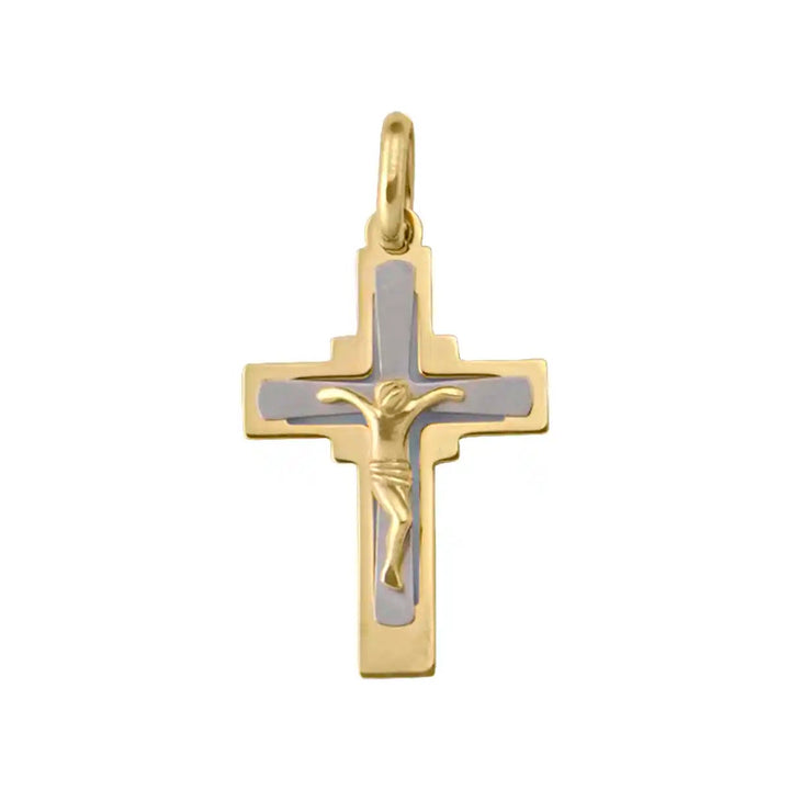 Stepped Crucifix Two-Tone Gold Cross Pendant on white background