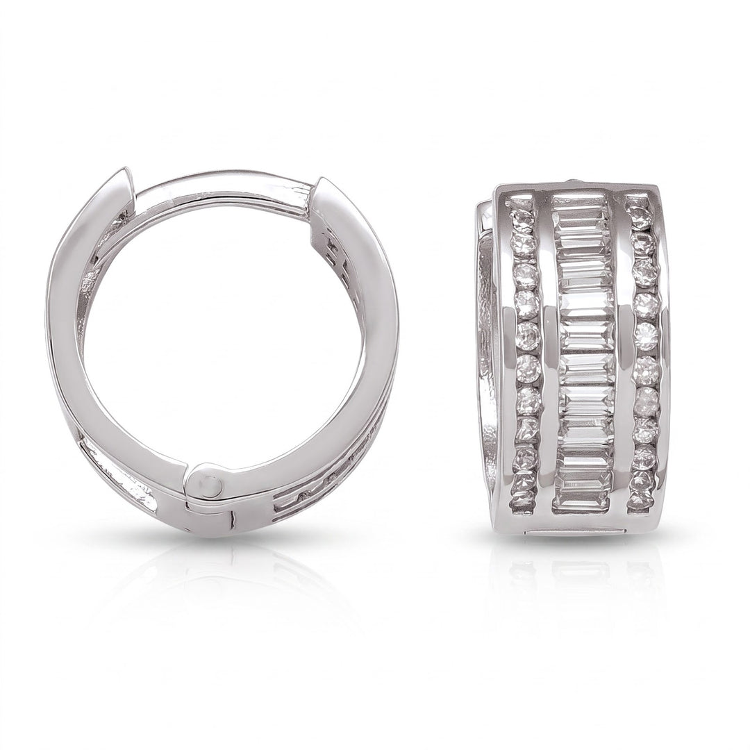 White Gold CZ Huggie Hoop Earrings, 12.3mm