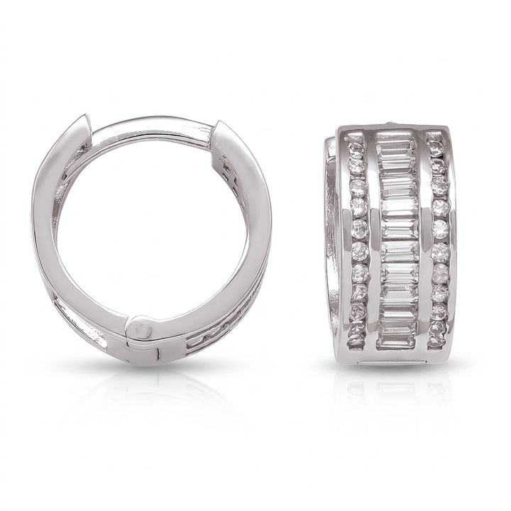 White Gold CZ Huggie Hoop Earrings, 12.3mm