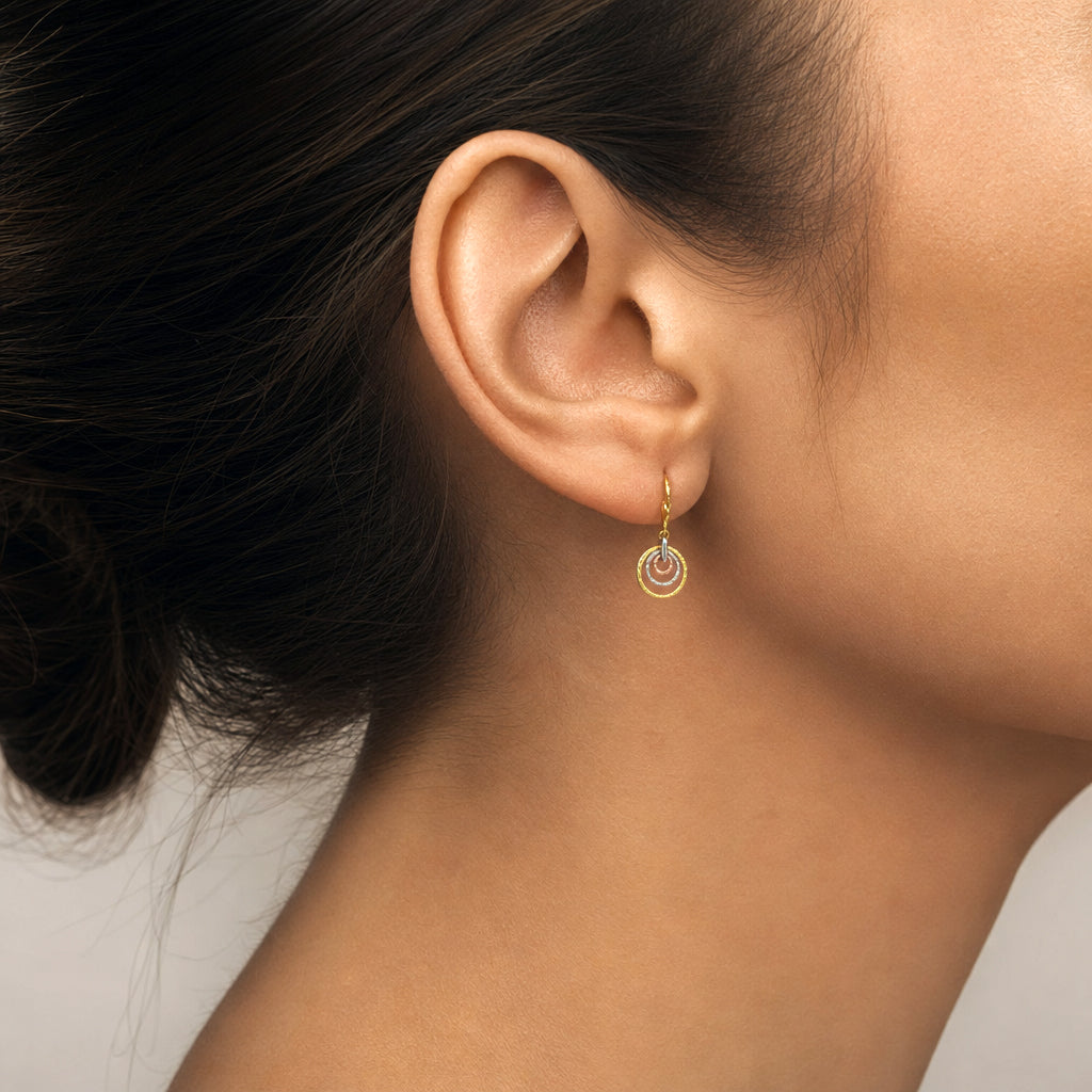 Tri Colour Fancy Circle Drop Earrings - worn on ear