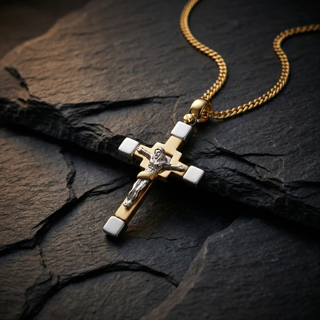 Two-Tone Crucifix Two-Tone Gold Cross Pendant on stone
