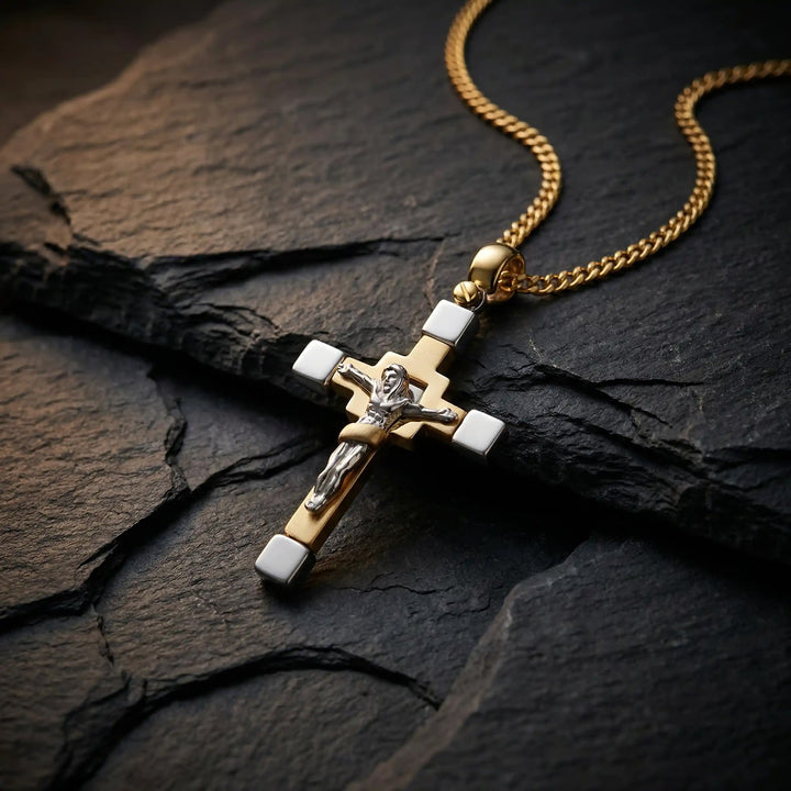 Two-Tone Crucifix Two-Tone Gold Cross Pendant on stone