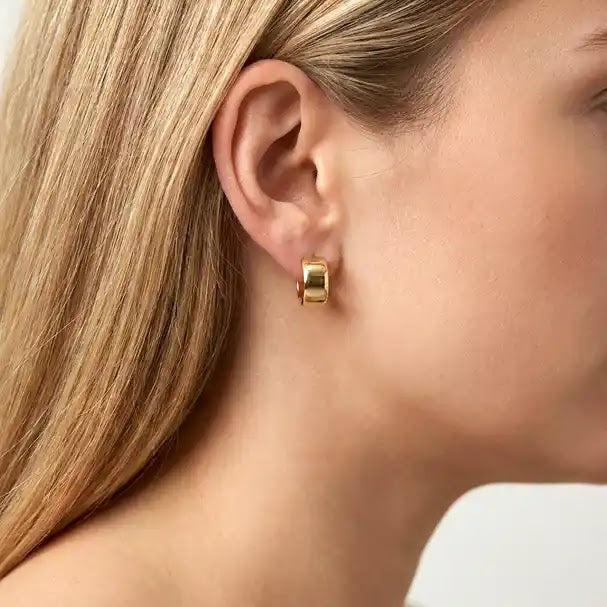 Yellow Gold Huggie Earrings - worn on ear