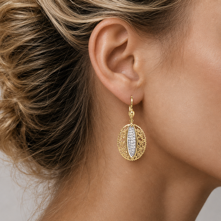 Two Tone Fancy Filigri Drop Earrings - worn on ear