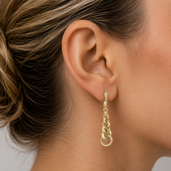 Yellow Gold High Polish Link Drop Earrings - worn on ear