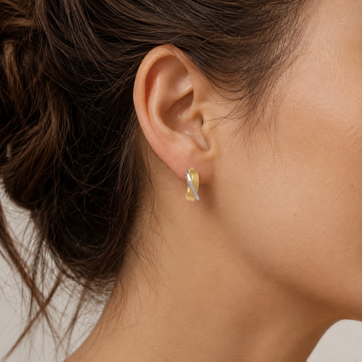 Two Tone Fancy Hoop Earrings, 15mm - worn on ear
