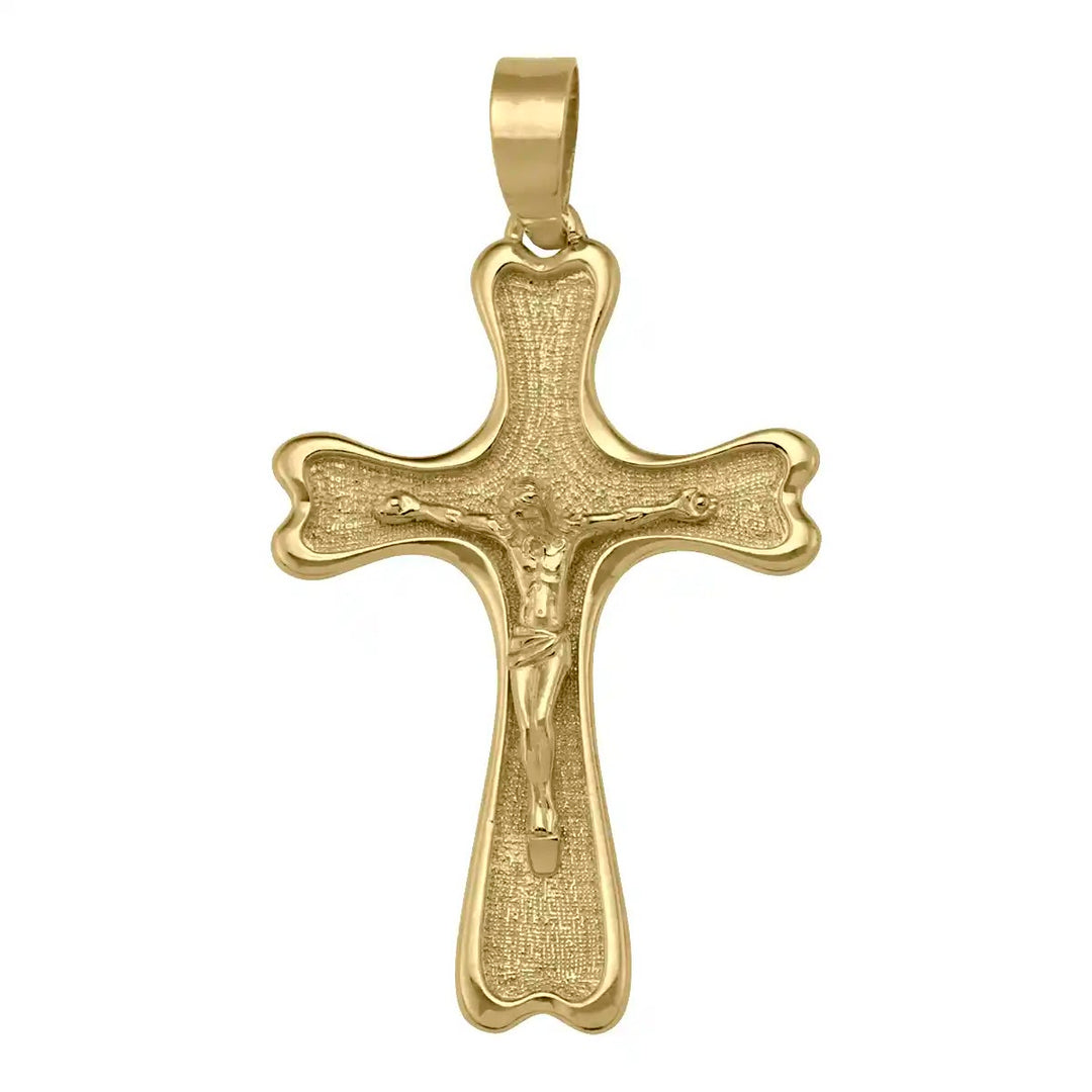 Flared Crucifix Yellow Gold Cross Pendant on white background