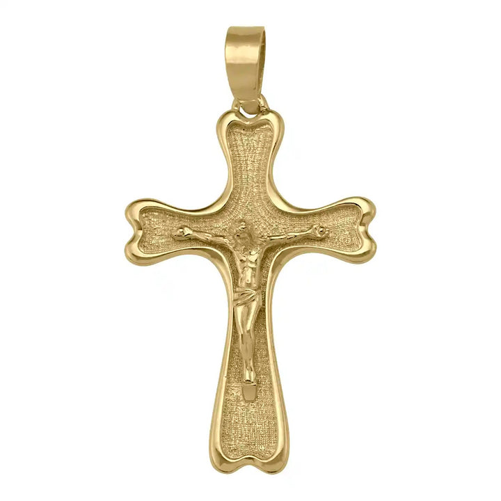 Flared Crucifix Yellow Gold Cross Pendant on white background