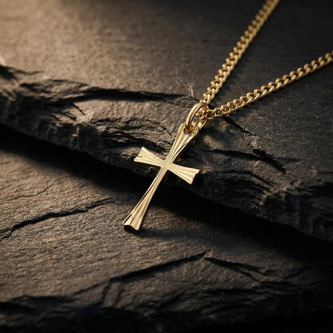 Flared Latin Yellow Gold Cross Pendant on stone