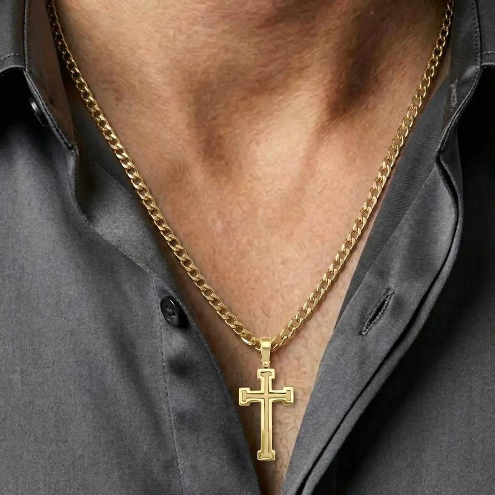 Framed Latin Yellow Gold Cross Pendant worn on mens chest