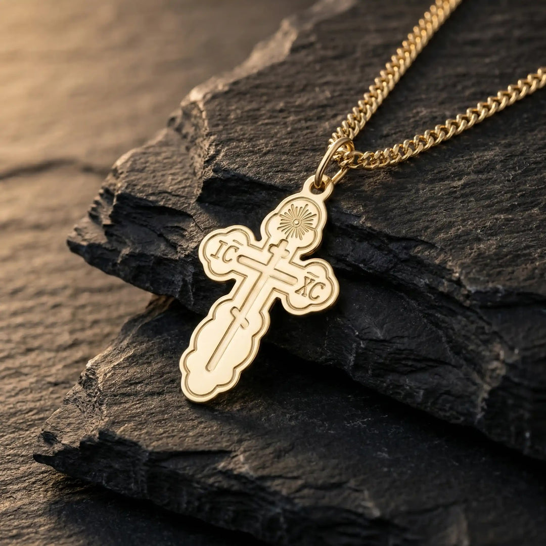 Three-Bar Orthodox Yellow Gold Cross Pendant on stone