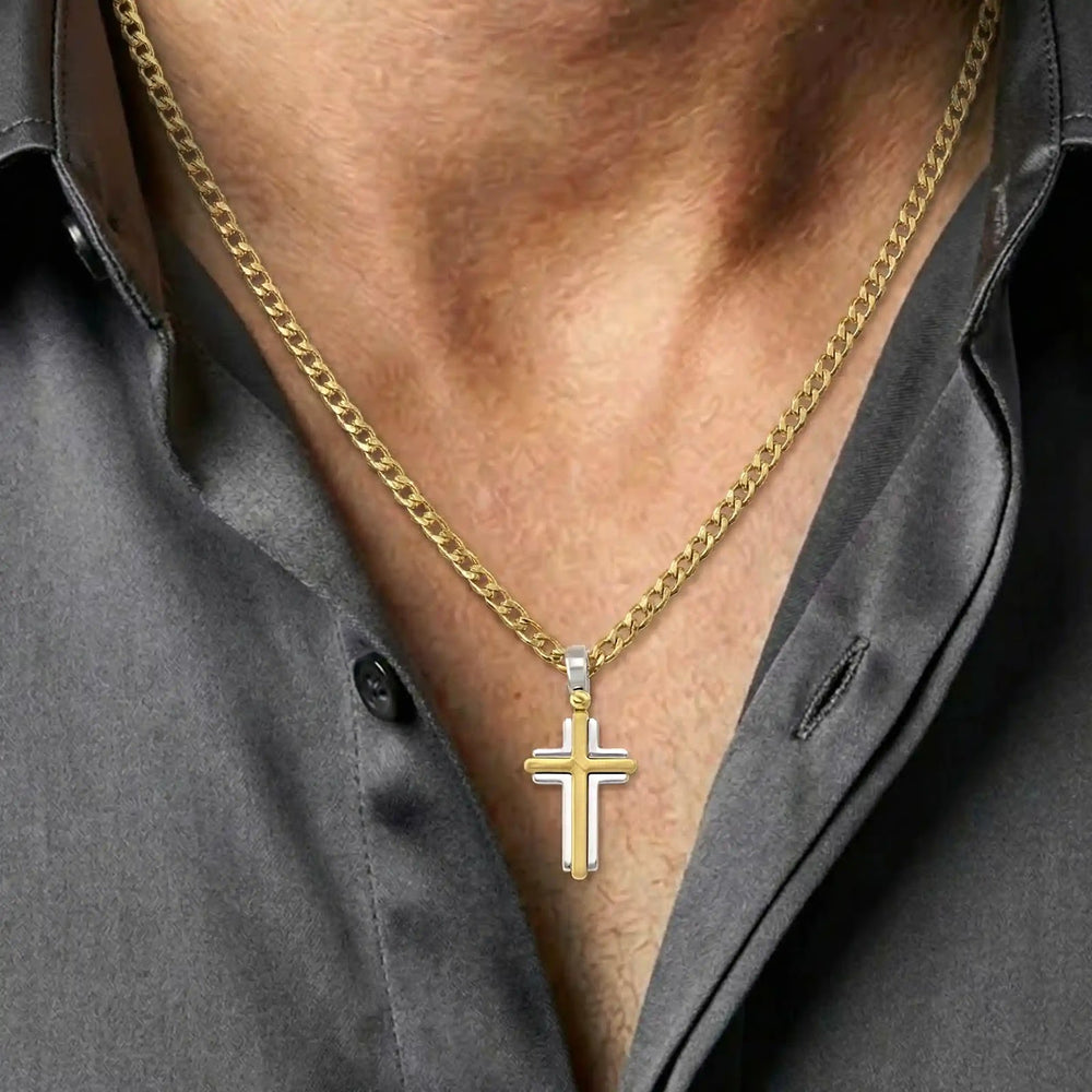 Two-Tone Latin Two-Tone Gold Cross Pendant worn on mens chest