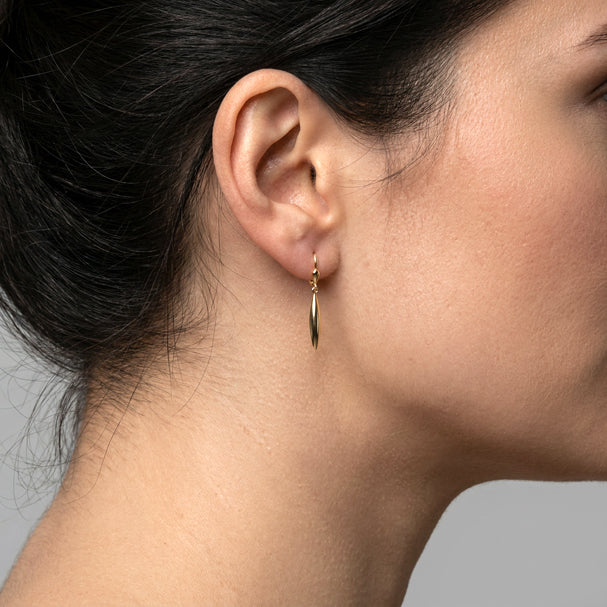 Yellow Gold High Polish Drop Earrings - worn on ear