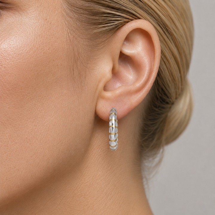 Two Tone Patterned Hoop Earrings, 20.7mm - worn on ear