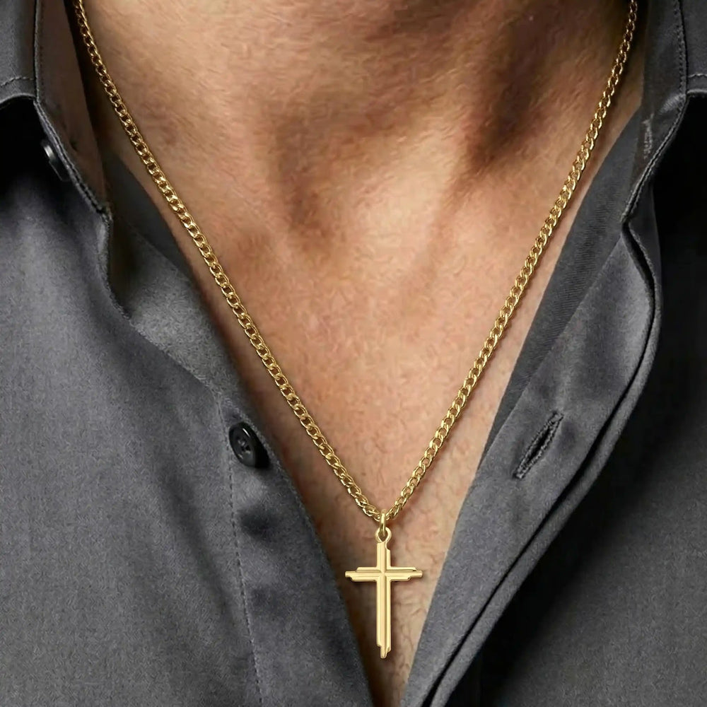 Stepped Latin Yellow Gold Cross Pendant worn on mens chest