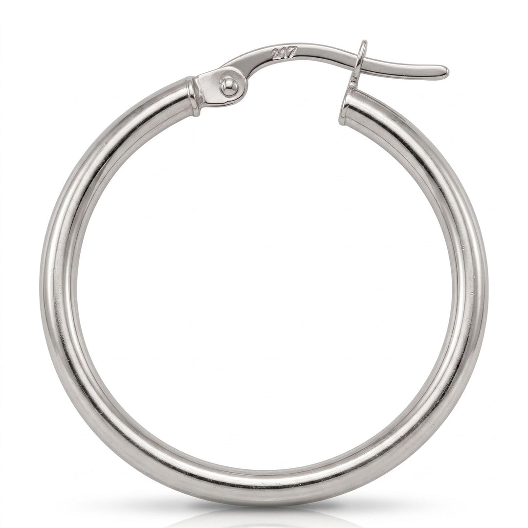 White Gold High Polish Plain 2mm Tube Hoop Earrings, 23.4mm