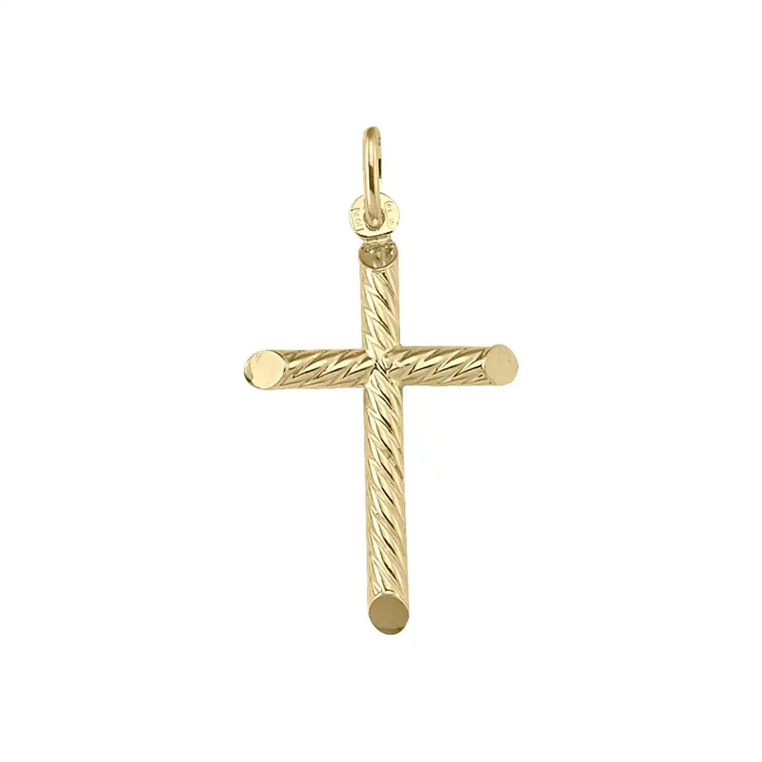 Tubular Latin Yellow Gold Cross Pendant on white background