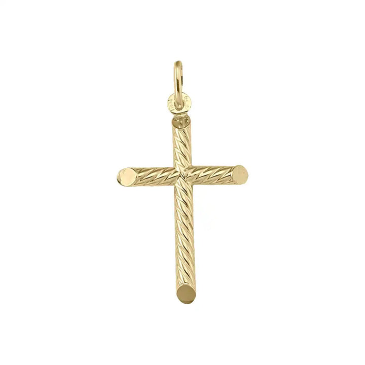 Tubular Latin Yellow Gold Cross Pendant on white background