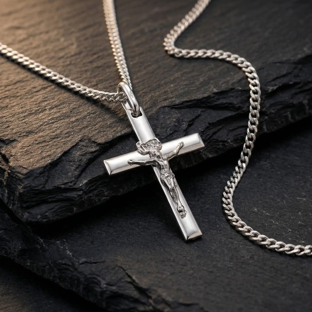 Latin Crucifix White Gold Cross Pendant on stone
