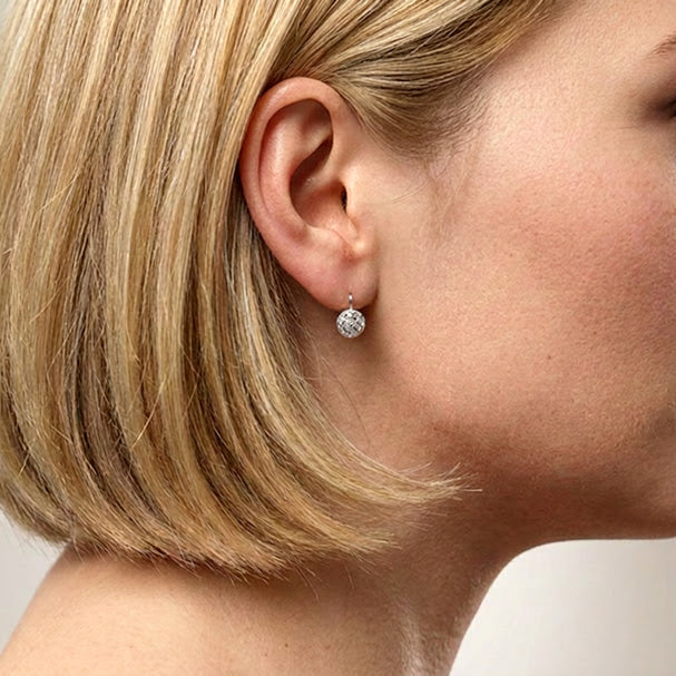 White Gold Diamond Cut French Back Half Ball Earrings - worn on ear