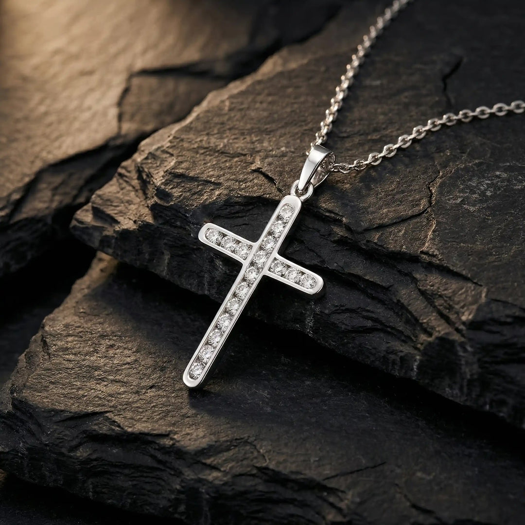 Pave Latin White Gold Cross Pendant on stone