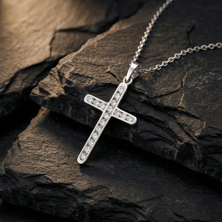 Pave Latin White Gold Cross Pendant on stone