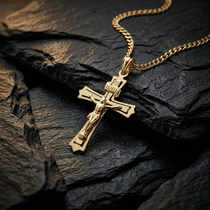 Openwork Crucifix Yellow Gold Cross Pendant on stone