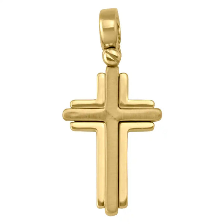 Layered Latin Yellow Gold Cross Pendant on white background