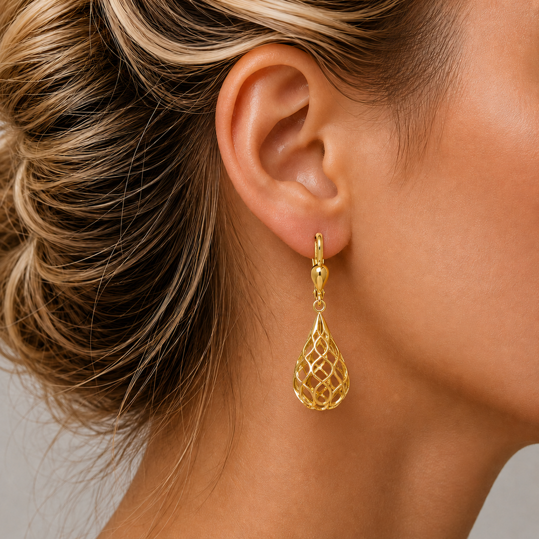 Yellow Gold Tear Drop Fancy Filigri Earrings - worn on ear