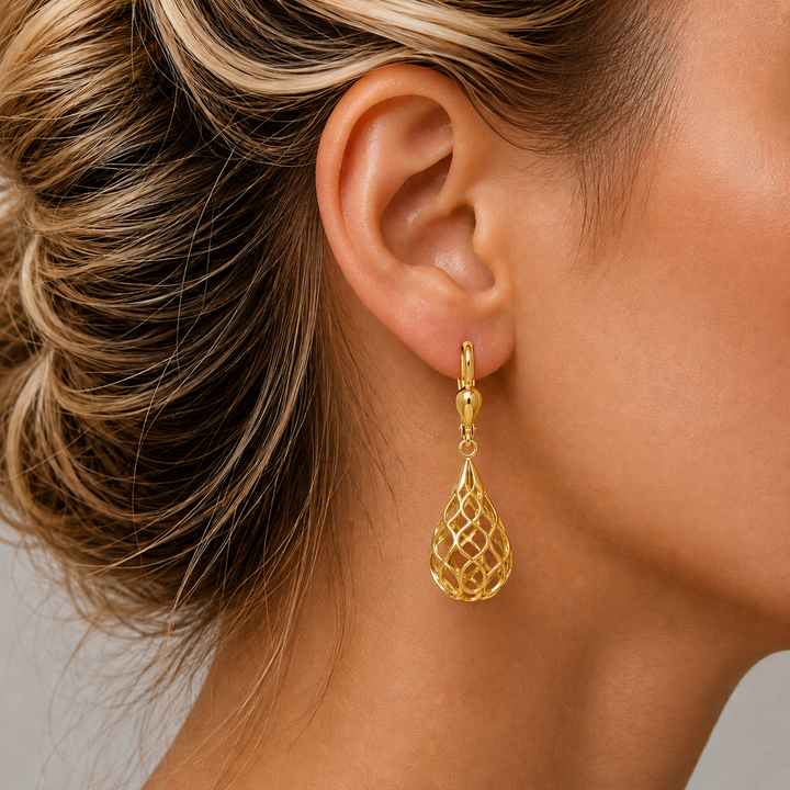 Yellow Gold Tear Drop Fancy Filigri Earrings - worn on ear