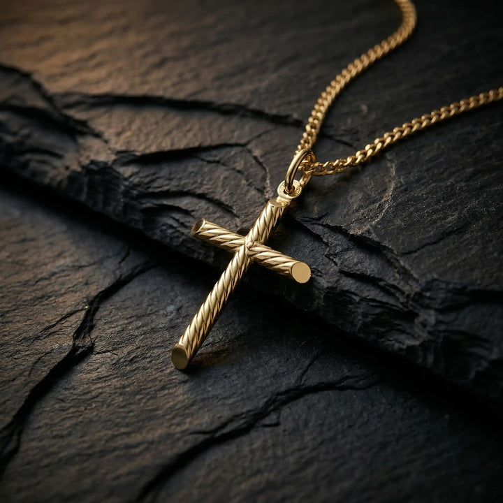 Tubular Latin Yellow Gold Cross Pendant on stone