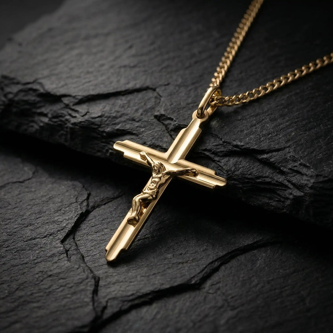 Latin Crucifix Yellow Gold Cross Pendant on stone