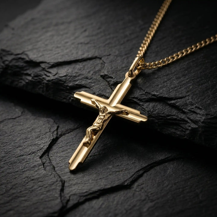 Latin Crucifix Yellow Gold Cross Pendant on stone