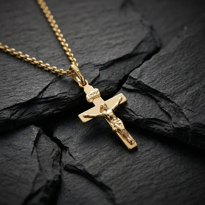 Latin Crucifix Yellow Gold Cross Pendant on stone
