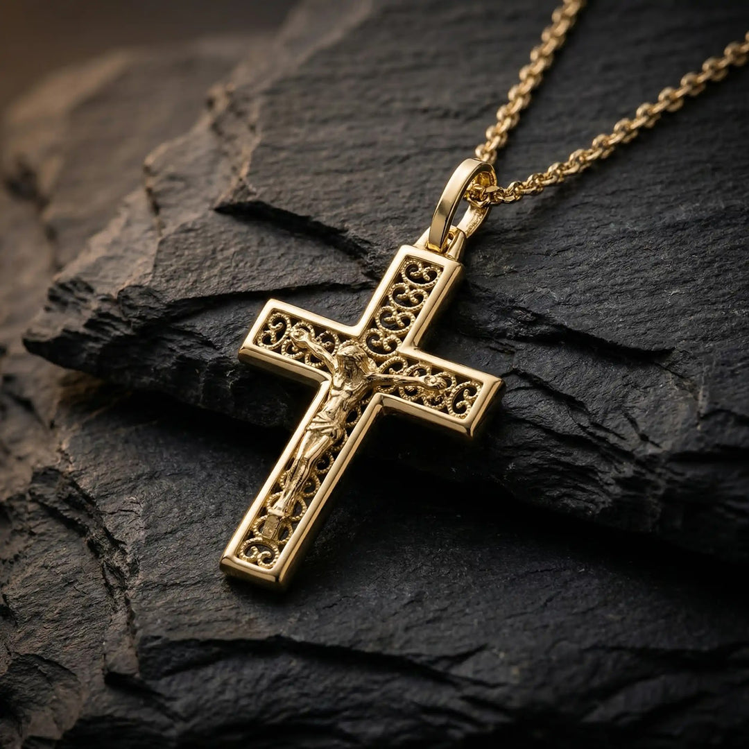 Latin Crucifix Yellow Gold Cross Pendant on stone