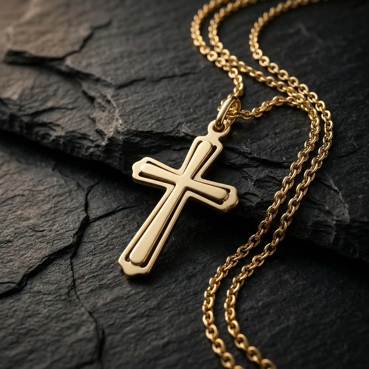 Layered Latin Yellow Gold Cross Pendant on stone