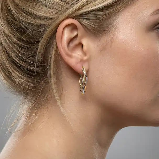 Two Tone Fancy Hoop Earrings, 26.1mm - worn on ear