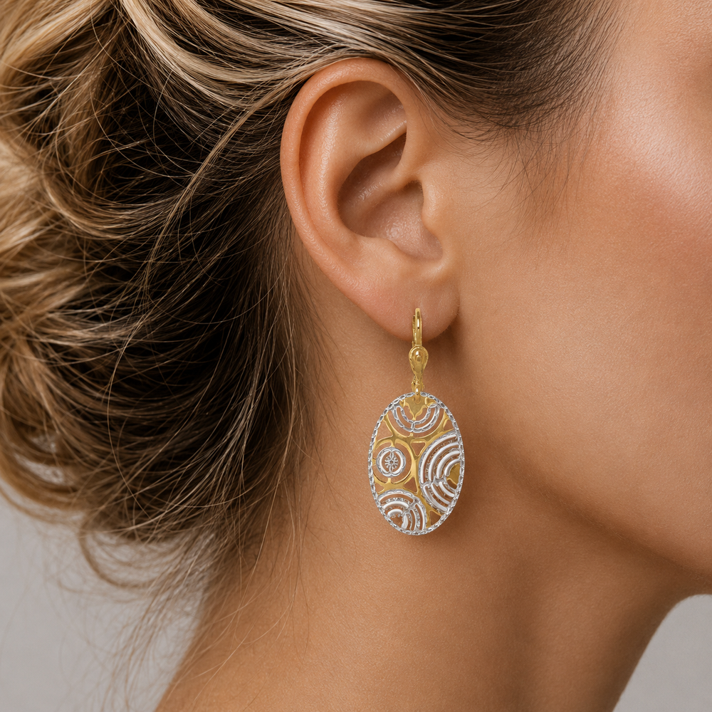 Two Tone Fancy Drop Earrings - worn on ear
