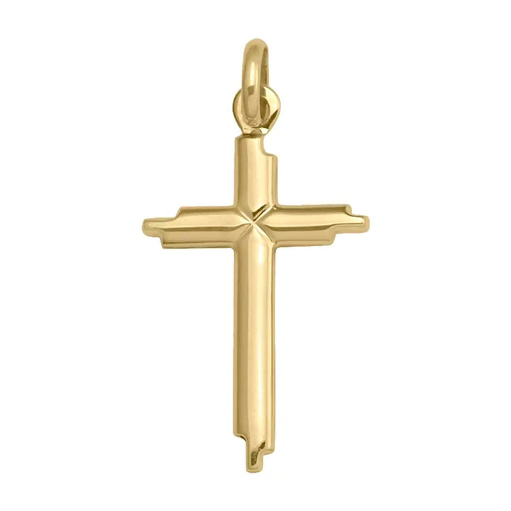 Stepped Latin Yellow Gold Cross Pendant on white background
