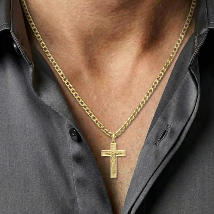 Latin Crucifix Yellow Gold Cross Pendant worn on mens chest