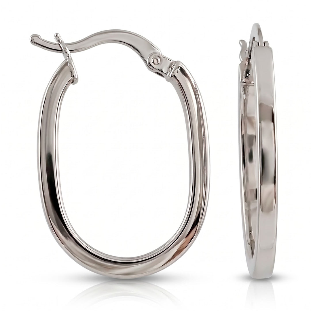 White Gold High Polish Flat Edge Oval Hoop Earrings, 17.2mm