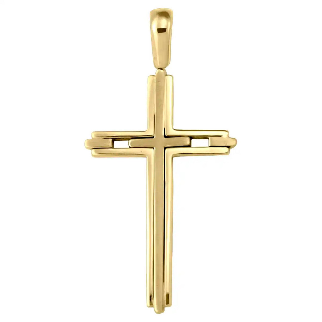 Layered Latin Yellow Gold Cross Pendant on white background