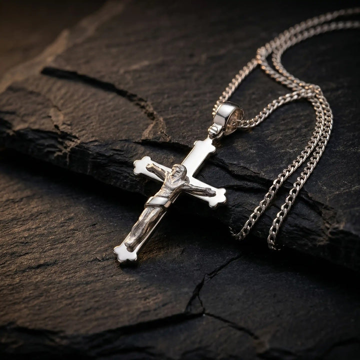 Budded Crucifix White Gold Cross Pendant on stone