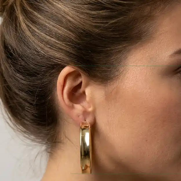 Yellow Gold Oval Hoop Earrings, 16.6mm - worn on ear