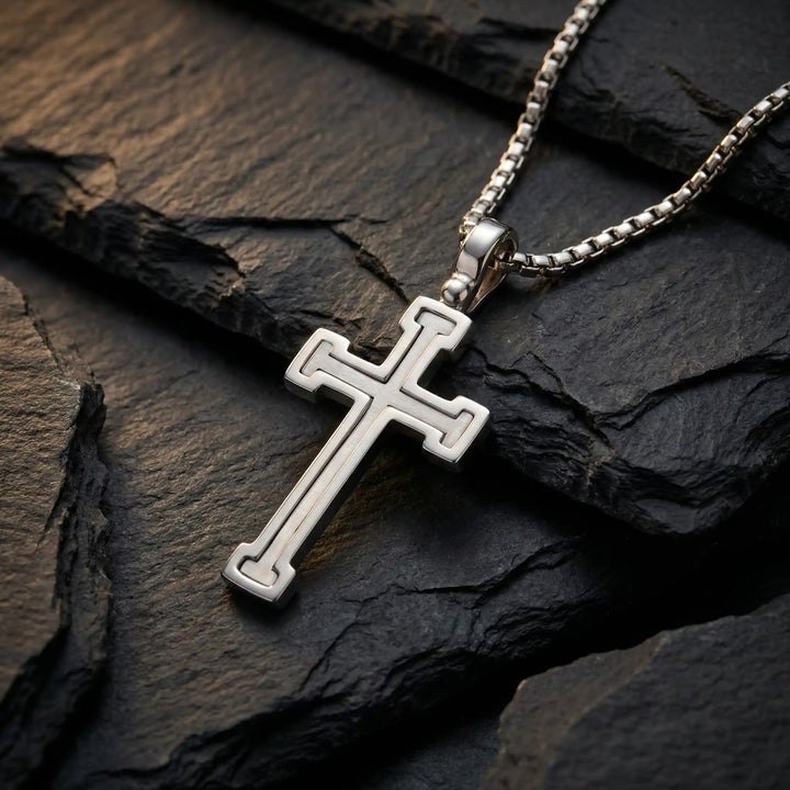 Stepped Latin White Gold Cross Pendant on stone