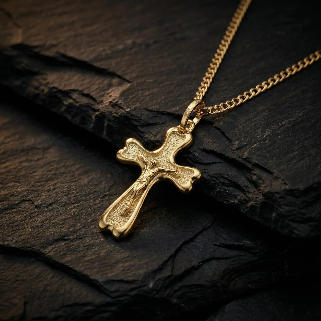 Budded Crucifix Yellow Gold Cross Pendant on stone