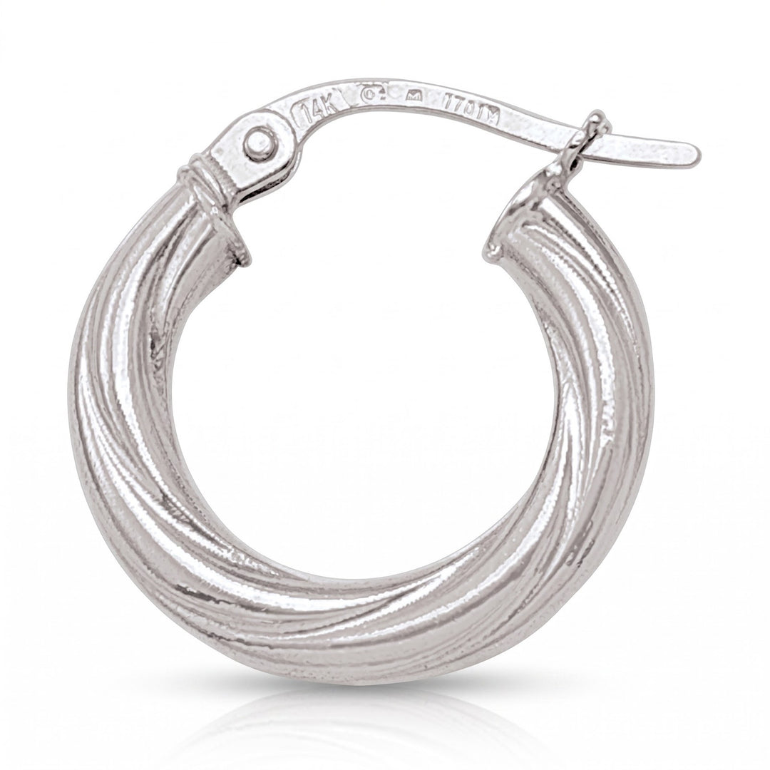 White Gold Twisted 3mm Tube Hoop Earrings, 15.6mm