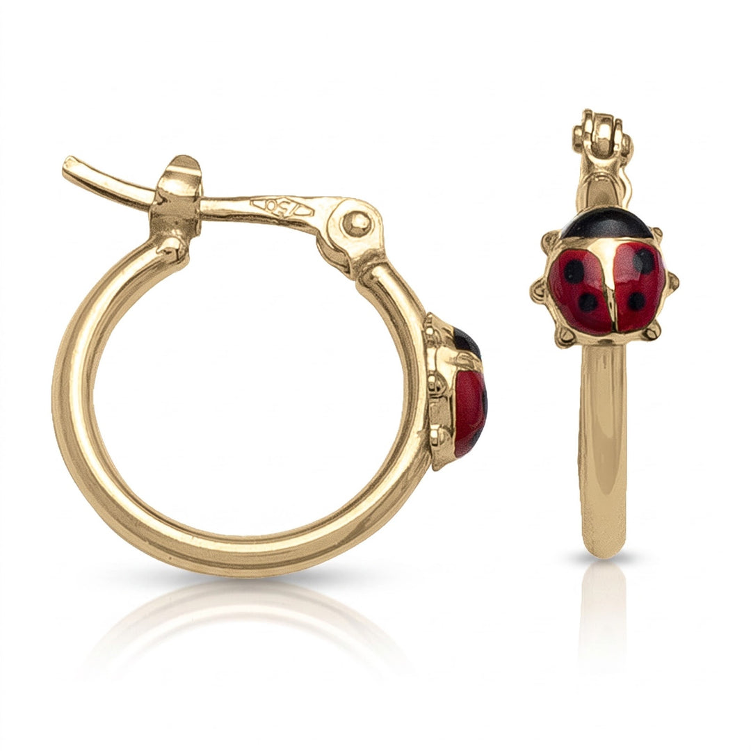 Yellow Gold Lady Bug Hoop Earrings, 13.5mm